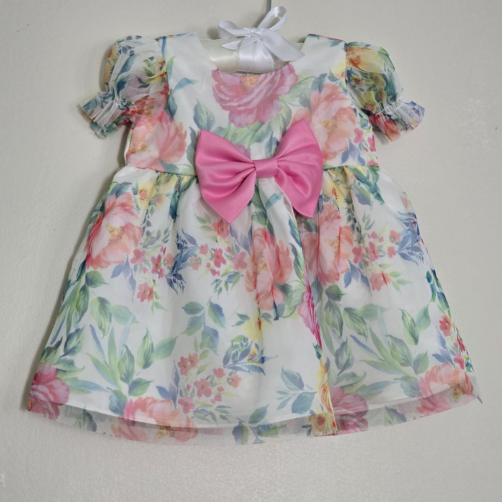 Rare Editions White Dress with Pink and Green Floral Print